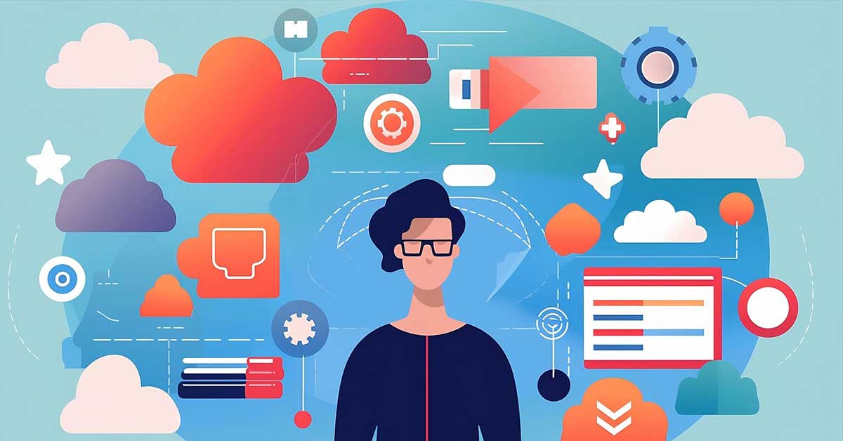 Cartoon of a Marketer with Clouds and Internet Images (E-E-A-T)
