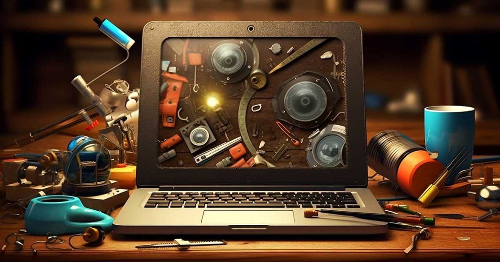 Laptop and tools on desk representing website maintenance tasks